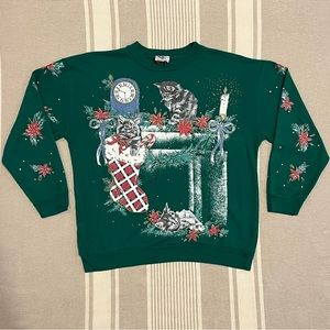 Vintage Cat Christmas Sweatshirt SZ M Green Tacky Ugly Sweater Party Puff Paint
